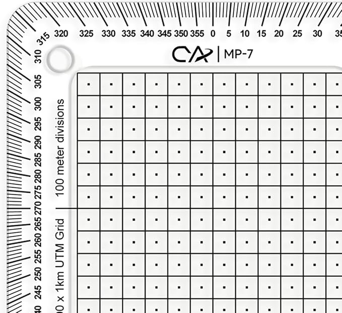 CYA MP-7 Square Military Map Coordinate Scale Protractor - 8x8cm UTM Tool | Square 8x8cm UTM map grid tool dividing 1km grids into 100m squares with 50m center dots. Includes degree compass rose.