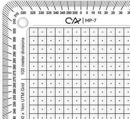 CYA MP-7 Square Military Map Coordinate Scale Protractor - 8x8cm UTM Tool | Square 8x8cm UTM map grid tool dividing 1km grids into 100m squares with 50m center dots. Includes degree compass rose.