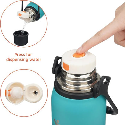 Konokyo Insulated Water Bottle with Handle and Strap,Vacuum Travel Tumbler with Cup Lid,Thermo Coffee Cup for Hot Cold Drinks 50 OZ,TealBlack