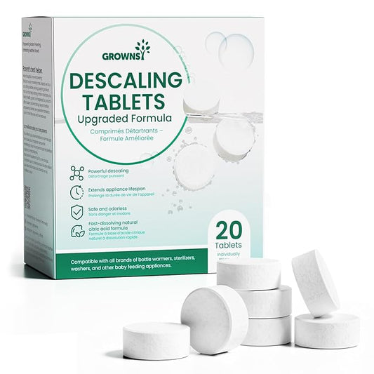 GROWNSY Descaler for Bottle Warmer & Sterilizer, Daily Essential Descaling Tablets, Cleaner for Baby Food Makers, Deep Limescale & Odor Removal, Performance Care, 20 Count for Regular Maintenance