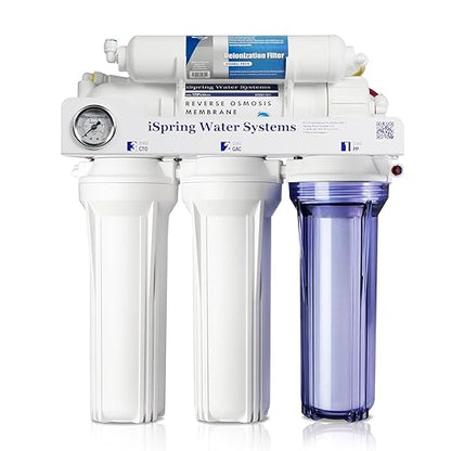 iSpring RCC1D Tankless RO/DI System, 5 Stage De-ionization Reverse Osmosis Water Filter System, 150 GPD Tankless RO Water Filter System for Aquarium with DI Water Filter