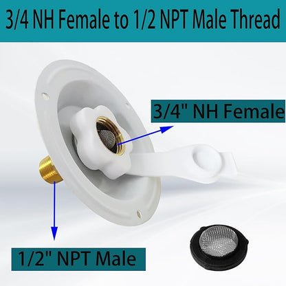 RV City Water Inlet With Check Valve, 3/4 NH Female to 1/2 NPT Male Flange Fresh Water Replacement, Dust Plug for Camper Motorhome, White