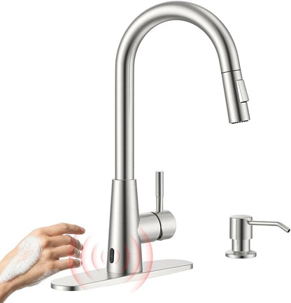 APPASO Kitchen Faucet Touchless with Soap Dispenser and Pull Down Sprayer | S304 Stainless Steel Brushed Nickel Motion Sensor Hands Free Sink Faucets 2 Modes with cUPC Lead-Free Certified Water Hoses