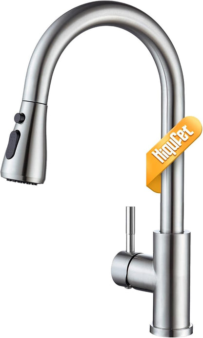 Hiqufet Kitchen Faucet with Pull Down Sprayer, Single Handle High Arc Kitchen Sink Faucet, Lead-Free Stainless Steel Modern Rv Bar Sink Faucets (Brushed Nickel)