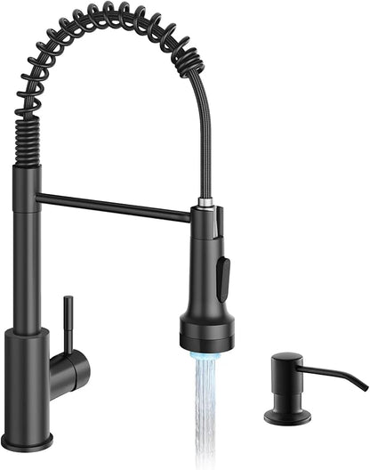 GIMILI Matte Black LED Kitchen Faucet with Soap Dispenser, Modern Single Handle Spring Kitchen Sink Faucets with Pull Down Sprayer