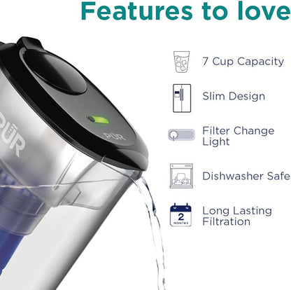 PUR PLUS 7-Cup Water Filter Pitcher with 1 Lead-Reducing PUR Plus Filter, Dishwasher Safe, Powerful Filtration, Filter Change Indicator Light, Smoke, PPT711B