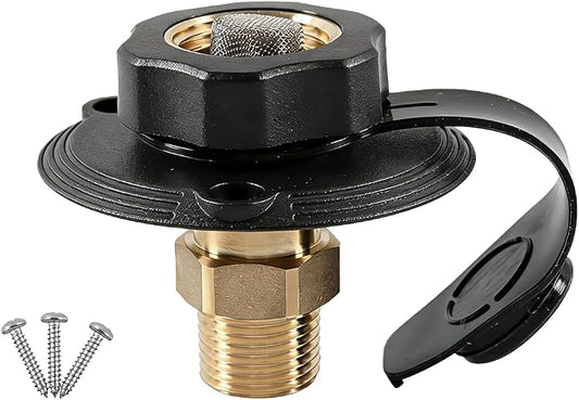 RV City Water Inlet with Check Valve, 3/4'' NH Female to 1/2" NPT Male Brass Motorhome Water Fill Inlet Connection, Camper Liquid Hose Connector, Universal for Trailer Camper RV (Black)