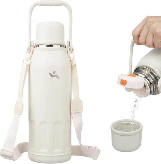 Konokyo Insulated Water Bottle with Handle and Strap,Vacuum Travel Tumbler with Cup Lid,Thermo Coffee Cup for Hot Cold Drinks 50 OZ,Beige