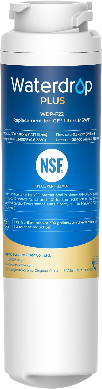 Waterdrop Plus MSWF NSF 401&53 Certified Refrigerator Water Filter | Reduce PFAS and lead, Replacement for GE® MSWF, 101820A, 101821B, RWF1500A, MSWF3PK, MSWFDS, PC46783, PS1559689, WR02X12345