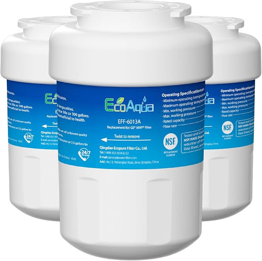 EcoAqua EFF-6013A Replacement Filter, Compatible with GE MWF SmartWater, MWFA, MWFP, GWF, GWFA, 46-9991, HDX FMG-1, WFC1201, GSE25GSHECSS, PC75009, RWF1060 Refrigerator Water Filter, 3 Pack | Replacement for SmartWater, MWFA, MWFA, GWF, 46-9991, HDX FM...