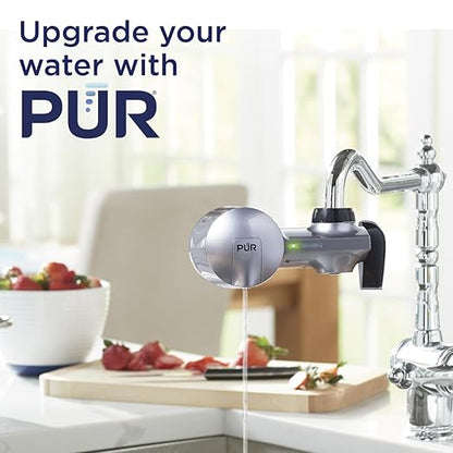 PUR Plus Horizontal Faucet Mount Filtration System with 3-in-1 Lead Reducing Filter, Water Filter for Sink, Lasts 100 Gallons, Compatible with Sinks with External Aerators, Metallic Grey