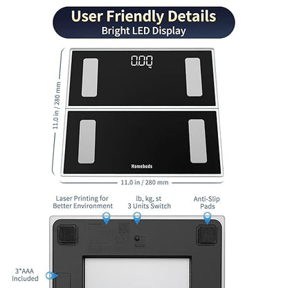 Homebuds Smart Bathroom Scale for Body Weight, High Precision in 0.1lb Assured by Weight Scale Professional Factory SINCE 2001, App Sync 13 Body Composition Including BMI and Body Fat, 400lb LED Black