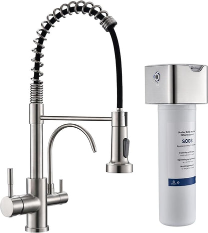 GIMILI 3 in 1 Kitchen Faucet with Pull Down Sprayer Brushed Nickel Two Handle Kitchen Sink Faucet with Under Sink Water Filter System Reduces PFAS, PFOA/PFOS, Lead, Chlorine, Bad Taste & Odor