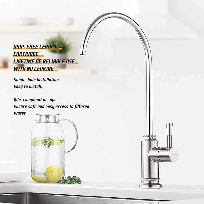 Achelous Brushed Nickel Modern Kitchen Faucet, Stainless Steel Drinking Water Faucet with Built-In Water Filter, Single Hole Mounting, Right Lever Handle