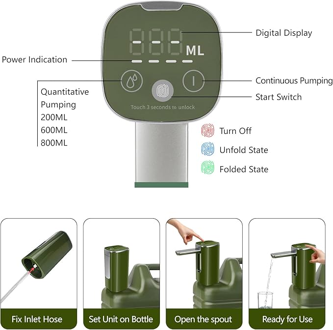 Automatic Touch Control Water Pump – Only for 5 Gallon,4.8, 3.5, 3.2Gal Water Containers, Portable Foldable Faucet for Camping, Hiking & Outdoor Use, Type-C Rechargeable, Leak-Proof & Lightweight