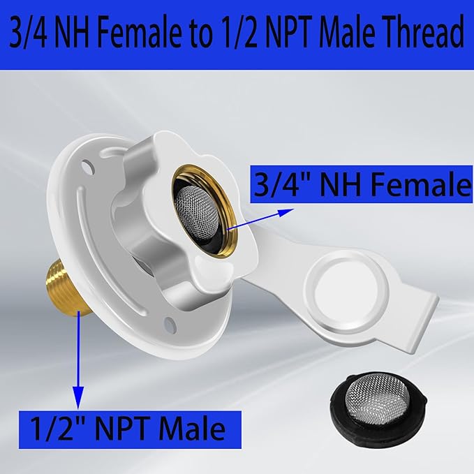 RV City Water Inlet with Check Valve, 3/4 NH Female to 1/2 NPT Male Flange RV Fresh Water Inlet, RV Water Inlet Replacement, RV Water Inlet with Dust Plug for RV Camper Motorhome, White