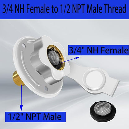 RV City Water Inlet with Check Valve, 3/4 NH Female to 1/2 NPT Male Flange RV Fresh Water Inlet, RV Water Inlet Replacement, RV Water Inlet with Dust Plug for RV Camper Motorhome, White