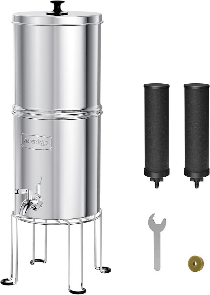 Waterdrop TK15-A-S Gravity Water Filtration System, NSF/ANSI 42&372 Certified Black Carbon Filters, Reduce Lead and Up to 98% Chlorine, with Stainless Steel Stand for Home, Travel, Emergencies, 1.5G