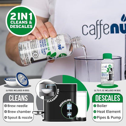Caffenu Descaling Kit Compatible with Nespresso Vertuo, 2 Uses Descaling Solution and 6 Cleaner Pods. Removes Limescale & Cleans Pod Area. Better Tasting & Hotter Coffee. 4 Months Supply.