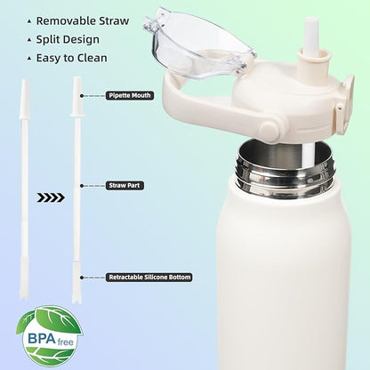 BJPKPK Insulated Water Bottles with Straw, 45 oz Stainless Steel Metal Water Bottle with One-handed Opening Lid, BPA Free Reusable Jugs for Gym Sports Outdoors,White