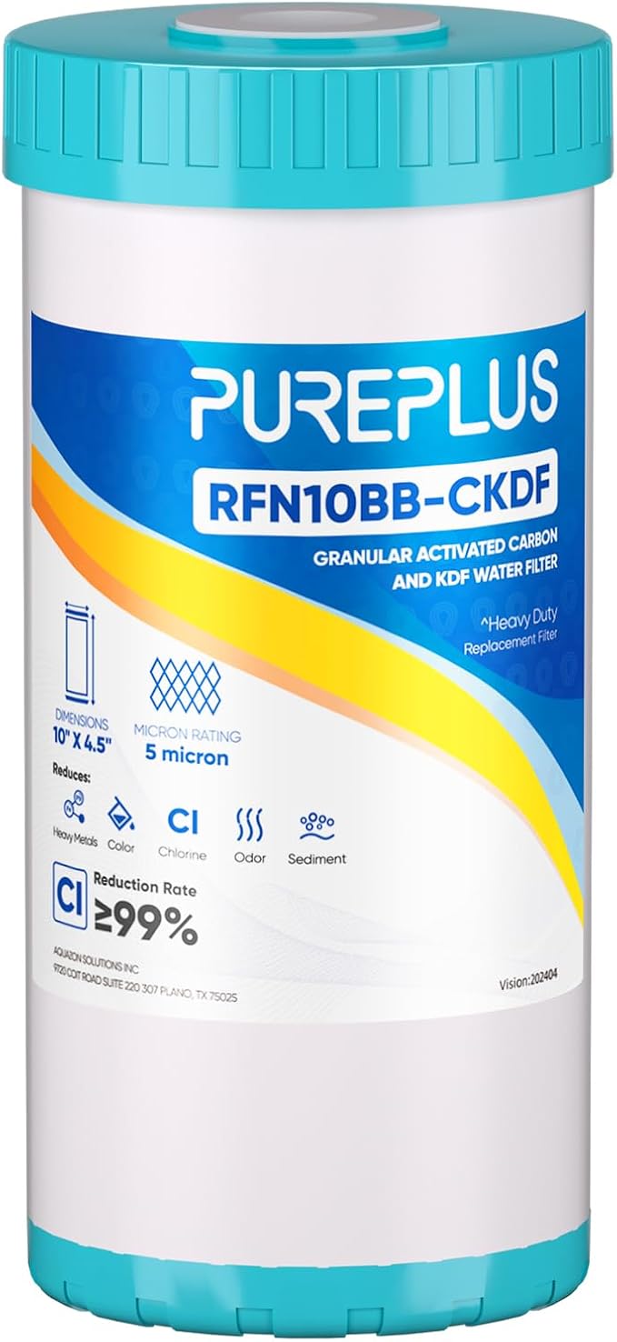 PUREPLUS 10" x 4.5" Whole House KDF Water Filter, Heavy Metal Removal Replacement Water Filter, 5 Micron, RFN10BB-CKDF, 1PACK