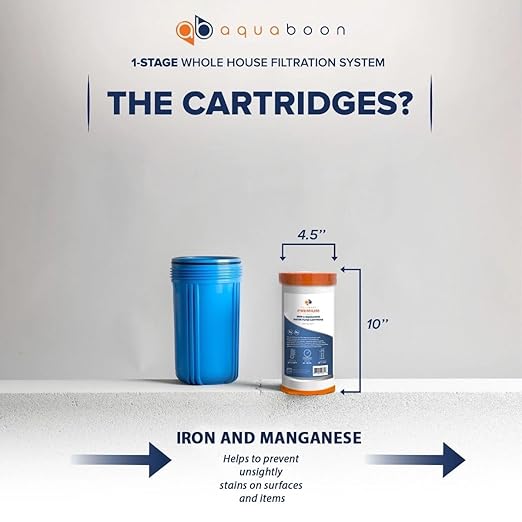 Aquaboon Whole House Water Filter System for Well Water with 5 Micron 10x4.5 Iron & Manganese Water Purification Cartrige | NSF Certified, Pressure Gauges & Releas, Wrench, Bracket 1" NPT