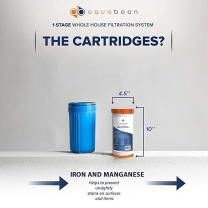 Aquaboon Whole House Water Filter System for Well Water with 5 Micron 10x4.5 Iron & Manganese Water Purification Cartrige | NSF Certified, Pressure Gauges & Releas, Wrench, Bracket 1" NPT