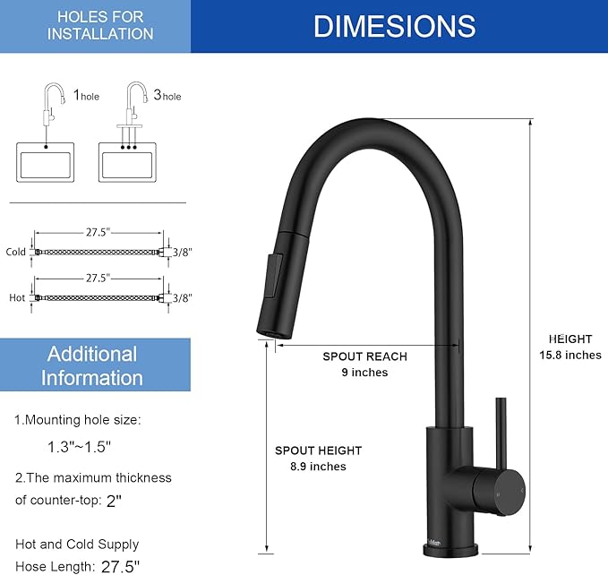 Tohlar Black Kitchen Faucets with Pull-Down Sprayer Single Handle Kitchen Faucet, Modern Stainless Steel Kitchen Sink Faucet with Deck Plate