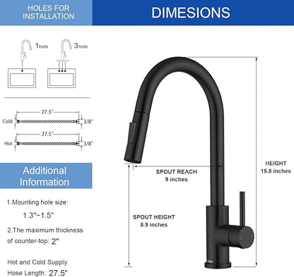 Tohlar Black Kitchen Faucets with Pull-Down Sprayer Single Handle Kitchen Faucet, Modern Stainless Steel Kitchen Sink Faucet with Deck Plate