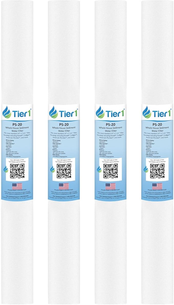 Tier1 5 Micron 20x2.5 Water Filter | Spun Wound Polypropylene Whole House Sediment Cartridge | Replacement for Pentek P5-20, 155016-43, SDF-25-2005 | 2.5 x 20 P5-20 Water Filter (4-Pack)