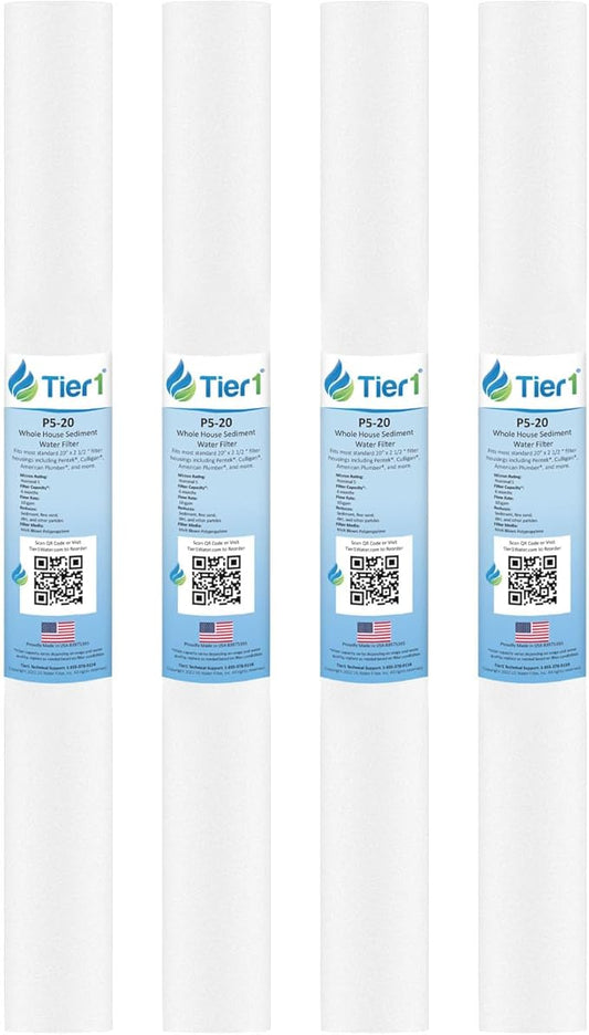 Tier1 5 Micron 20x2.5 Water Filter | Spun Wound Polypropylene Whole House Sediment Cartridge | Replacement for Pentek P5-20, 155016-43, SDF-25-2005 | 2.5 x 20 P5-20 Water Filter (4-Pack)