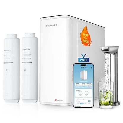 MIZUDO Reverse Osmosis Water Filter Tankless, 9 Stage Reverse Osmosis System, Instant Hot/Cold Water Dispenser, Smart WiFi 800GPD Reverse Osmosis Under Sink, 3:1 Pure to Drain, Child Safety Lock
