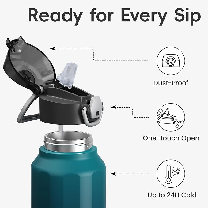 Konokyo FLOWPLAY 40oz Locking Push-Button Water Bottle with Silicone Spout,Leak-Proof,18/8 Stainless Steel Double-Wall Vacuum Insulated for Sports and Travel,BPA-Free,Sea