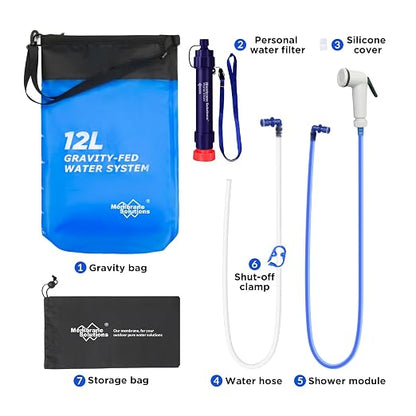 Membrane Solutions 12L Gravity Water Filter Max with Shower for Camping | NSF/ANSI 42, 372 & 401 certified; 0.1-micron 4-stage filter, 1,320-gal life for group camping, RV trips & emergencies