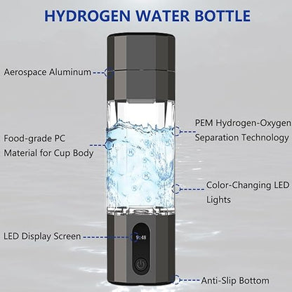 Hydrogen Water Bottle Generator - 10,000PPB/10ppm Portable Hydrogen Plastic 210ML Water Bottle Adaptor Advanced SPE/PEM Technology & 7 led Colors