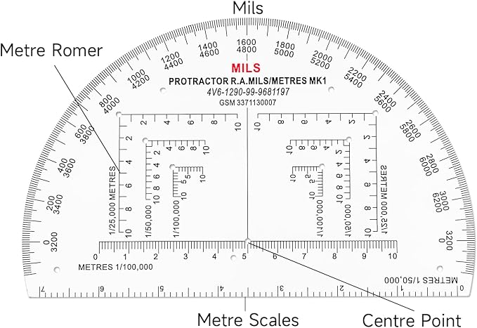 CYA MP-1 6" Half Circle Military Map Protractor - Mils Romer Scale Tool | Thick waterproof 6" half circle map protractor with mils & romer scales. Fits 1:25k, 1:50k & 1:100k UTM/MGRS charts.