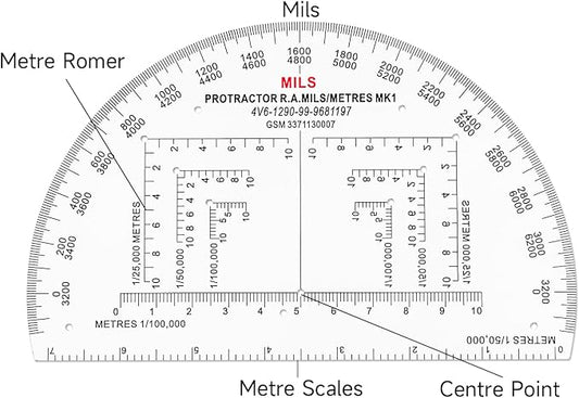 CYA MP-1 6" Half Circle Military Map Protractor - Mils Romer Scale Tool | Thick waterproof 6" half circle map protractor with mils & romer scales. Fits 1:25k, 1:50k & 1:100k UTM/MGRS charts.