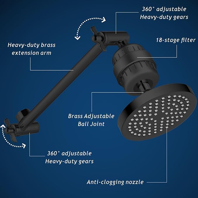 Filtered Shower Head with Extension Arm, High Pressure Rain Showerhead Filter Set for Hard Water Removes Chlorine and Harmful Substances (Matte Black)