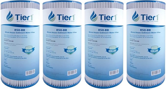 Tier1 50 Micron 10 x 4.5 Water Filter | Pleated Polyester Whole House Sediment Filter Cartridge | Replacement for Pentek R50-BB, 155053-43, SPC-45-1050 | High Flow 4.5 x 10 Water Pre-Filter (4-Pack)