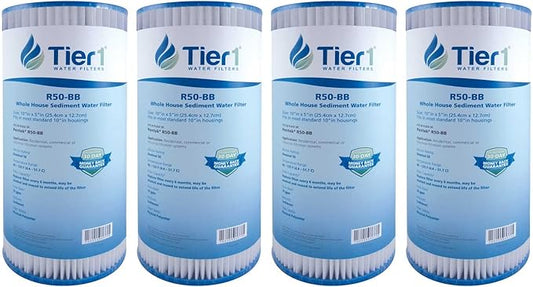 Tier1 50 Micron 10 x 4.5 Water Filter | Pleated Polyester Whole House Sediment Filter Cartridge | Replacement for Pentek R50-BB, 155053-43, SPC-45-1050 | High Flow 4.5 x 10 Water Pre-Filter (4-Pack)