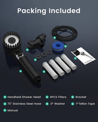 Filtered Shower Head with Handheld with 4PCS Filters, High Pressure 4 Spray Modes Black Shower heads with Filter, Water Softener Filter for Hard Water 70" Hose