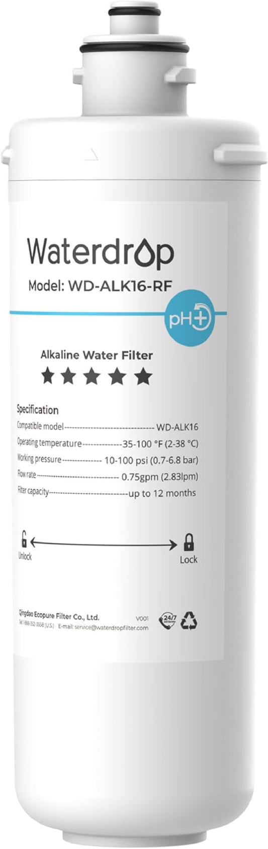 Waterdrop ALK16-RF Filter, NSF/ANSI 372 Certified, Replacement for ALK16 𝐀𝐥𝐤𝐚𝐥𝐢𝐧𝐞 Water Filter System, 12-month Lifetime