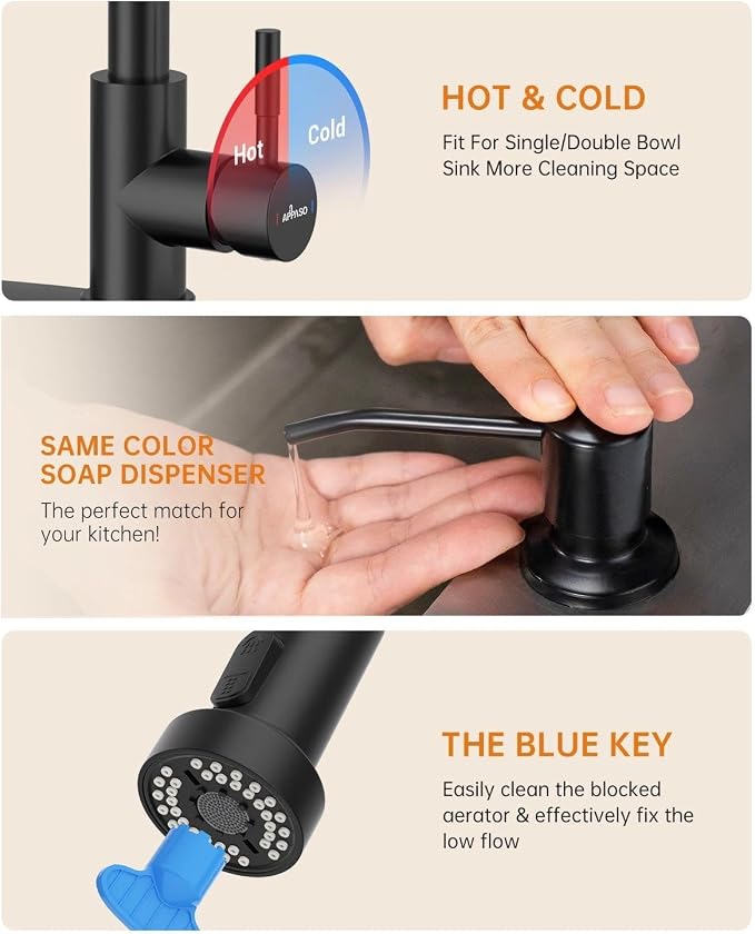 APPASO Black Kitchen Faucet with Soap Dispenser & Pull Down Sprayer | NSF/ANSI/CAN 372 & Lead-free, SUS304 Stainless Steel 3 Modes Faucet for Farmhouse, Bar & RV