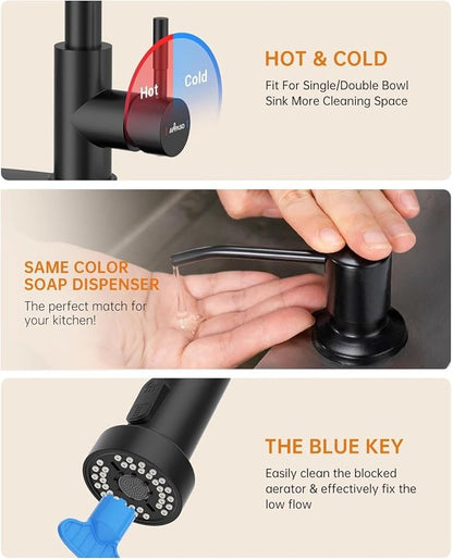 APPASO Black Kitchen Faucet with Soap Dispenser & Pull Down Sprayer | NSF/ANSI/CAN 372 & Lead-free, SUS304 Stainless Steel 3 Modes Faucet for Farmhouse, Bar & RV