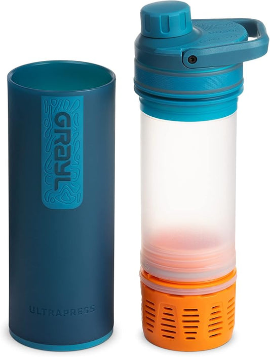 GRAYL UltraPress Water Purifier & Filter Bottle for Hiking, Backpacking, and Travel (Forest Blue)