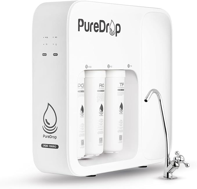 PureDrop PDR-100RO 3-Stage Under Sink Reverse Osmosis Drinking Water Filtration System, 100 GPD Fast Flow Built-in Tank RO Water Filter System, Reduce PFAS