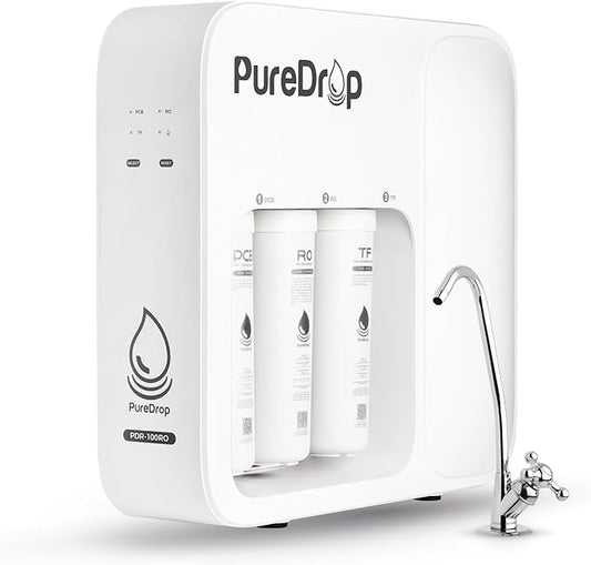 PureDrop PDR-100RO 3-Stage Under Sink Reverse Osmosis Drinking Water Filtration System, 100 GPD Fast Flow Built-in Tank RO Water Filter System, Reduce PFAS