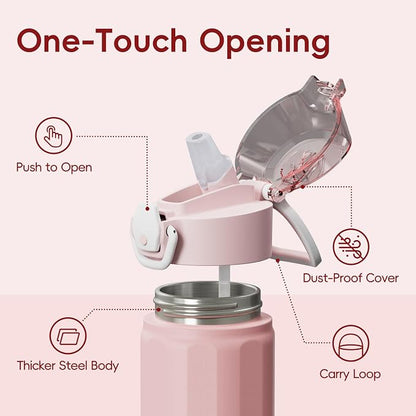 Konokyo FLOWPLAY 25oz Locking Push-Button Water Bottle with Silicone Spout,Leak-Proof,18/8 Stainless Steel Double-Wall Vacuum Insulated for Sports and Travel,BPA-Free,Pink