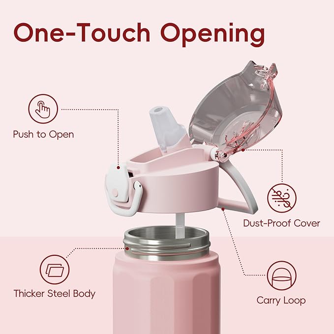 Konokyo FLOWPLAY 22oz Locking Push-Button Water Bottle with Silicone Spout,Leak-Proof,18/8 Stainless Steel Double-Wall Vacuum Insulated for Sports and Travel,BPA-Free,Pink