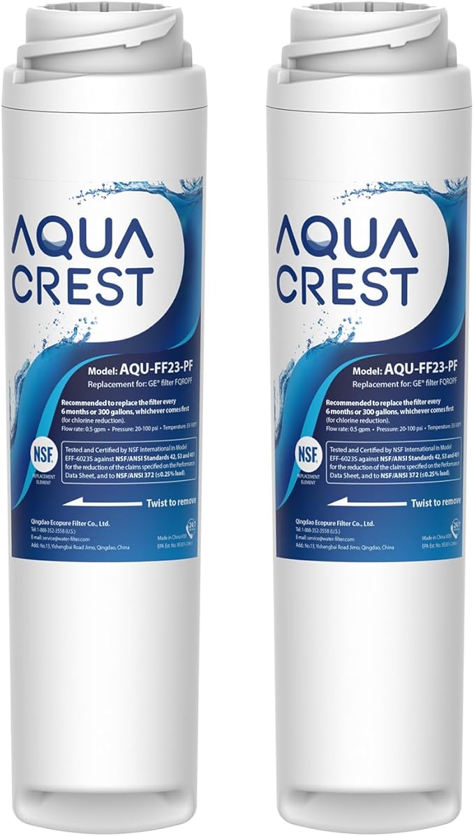 AQUA CREST FQROPF, FQSLF Under Sink Water Filter, NSF/ANSI 401 Certified, Replacement for GE FQROPF, FQSLF, Compatible with GE GXSV65R, GQSV65R, PXRQ15F, PNRQ15F, Reduces PFAS, PFOA/PFOS, 2 Pack